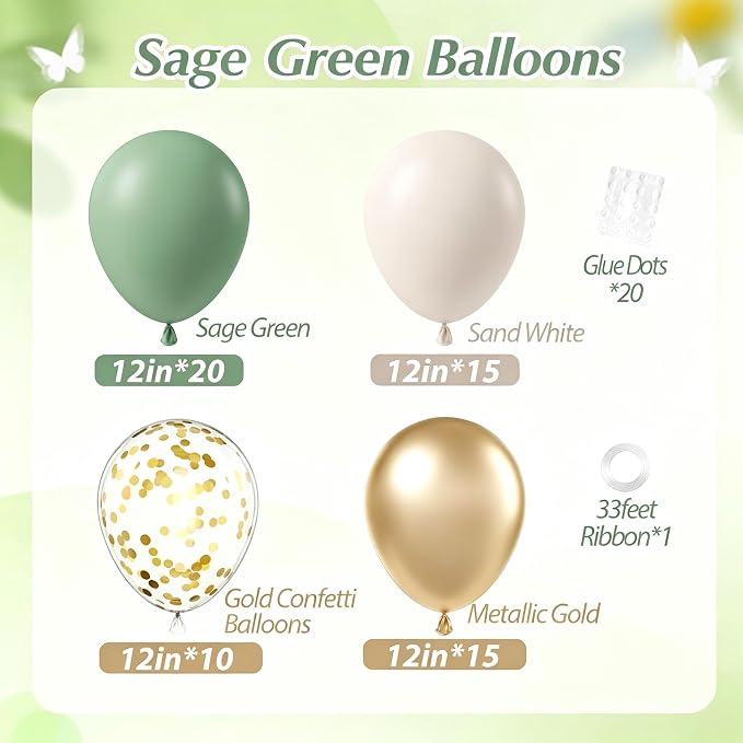 Sage green Balloons, 12inch Sage green Sand White Metallic Gold Confetti - Image 2