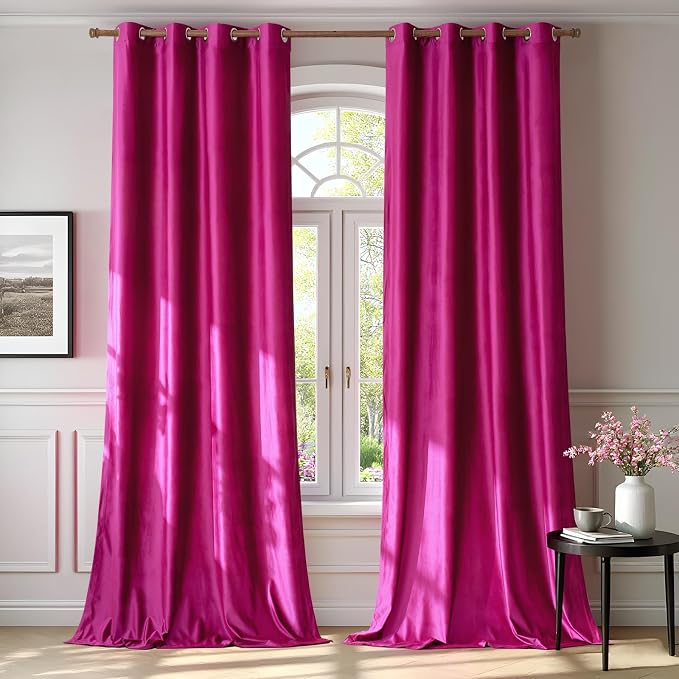 Hot Pink Velvet Blackout Curtains 84 inch by ModernShinyVelvetCurtains