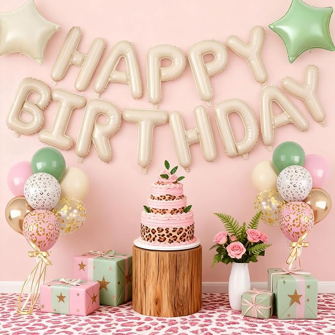 29PC Cream Pink Leopard Happy Birthday Balloon Banner, 16Inch 3D Aluminum - Image 6