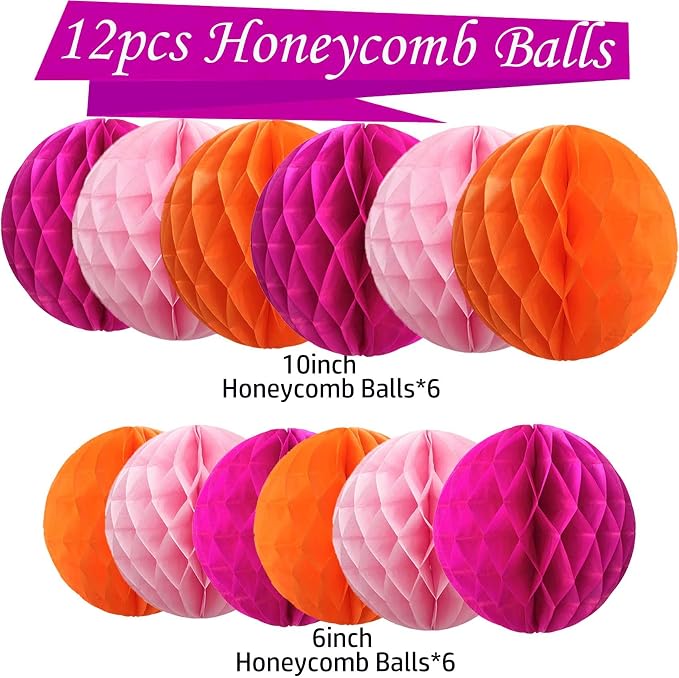 Orange and Pink Paper Honeycomb Flower Balls-12 Pcs 6" 10" Tissue Pompoms They - Image 2