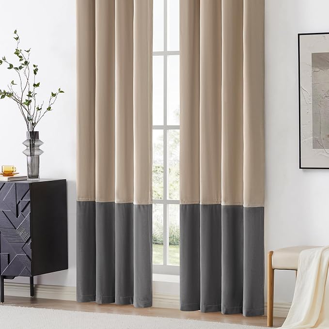 BULBUL Luxury Color Block Velvet Curtains 63 inch- Champagne Gray | Modern | - Image 4