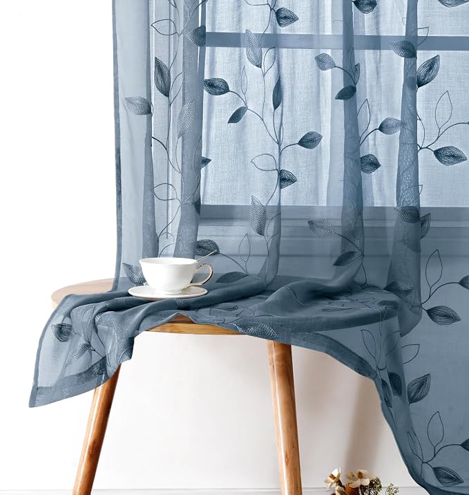 HOMEIDEAS Stone Blue Floral Sheer Curtains 84 Inches Long 2 Panels Embroidered by HOMEIDEAS