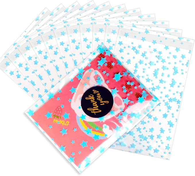 100 Pcs Star Printed Sealable Gift Wrap Cello Cellophane Bags Self sealing by COQOFA