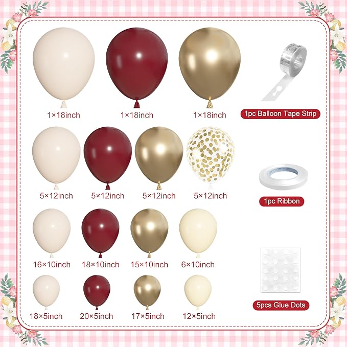 152Pcs Burgundy Balloons Arch Kit Different Size | Burgundy Maroon Sand White - Image 2