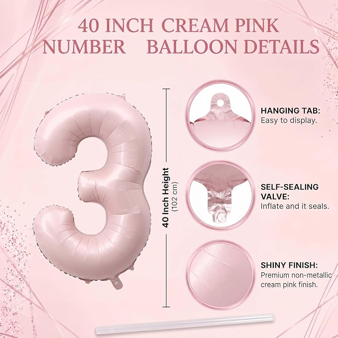 Baby Pink Number 3 Balloon 40 Inch, Muted Pastel Foil Digit Party Supplies | - Image 4