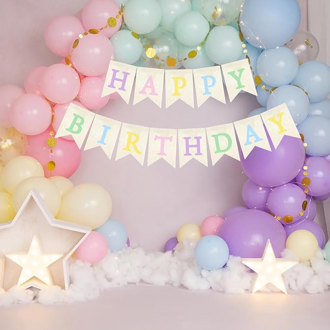 Pastel Rainbow Happy Birthday Banner Neutral Pre-strung Burlap Bunting Party - Image 6