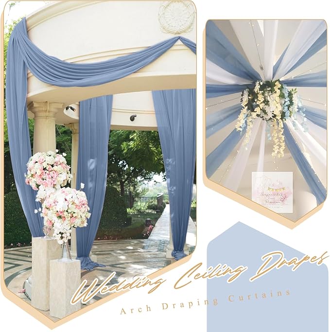 6 Panels Dusty Blue Ceiling Drapes for Wedding 5ftx20ft Chiffon Fabric Arch Draping Curtains Sheer Drapery for Party Ceremony Birthday Baby Shower Reception Stage Swag Ceiling Decorations