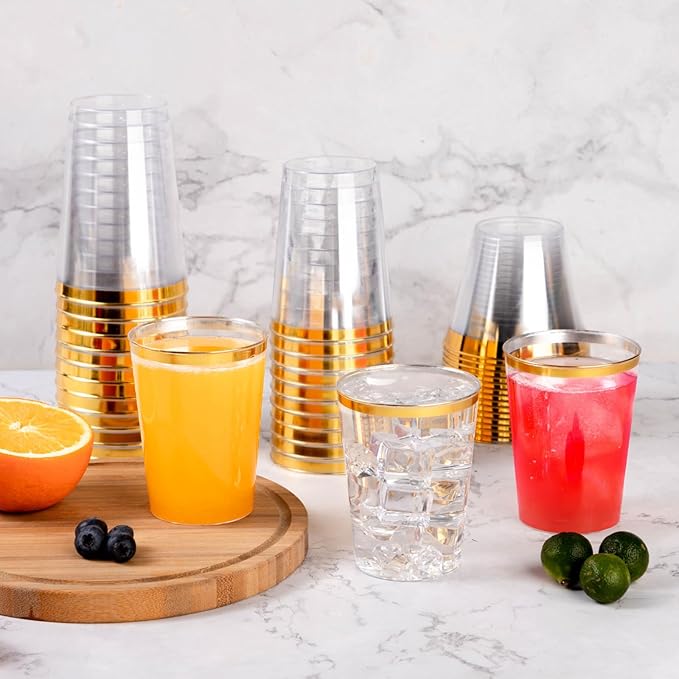 Goodluck 50PCS 10oz Gold Plastic Cups for Party, Disposable Gold Rim Cups, Plastic Cocktail Glasses for Wedding Thanksgiving, Christmas, and Parties