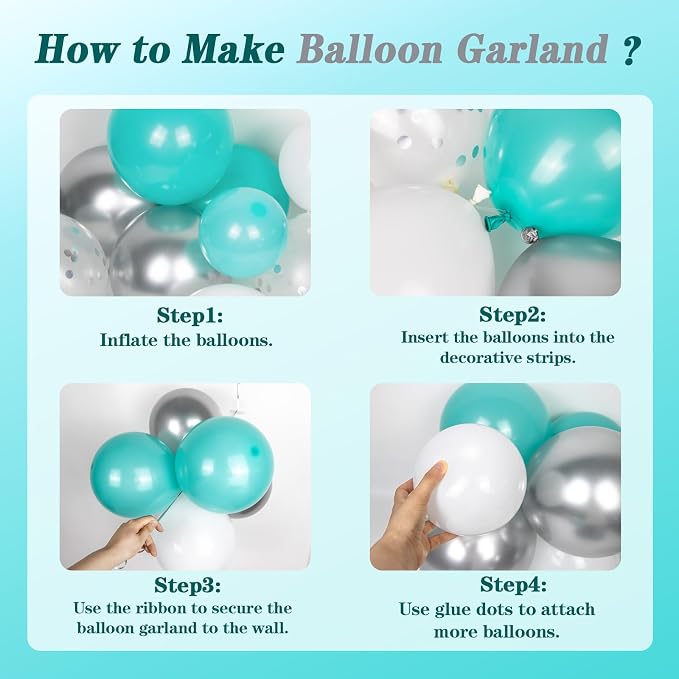 BAUANOOY 125pcs Teal Silver and White Balloon Garland Arch Kit | Wedding - Image 3