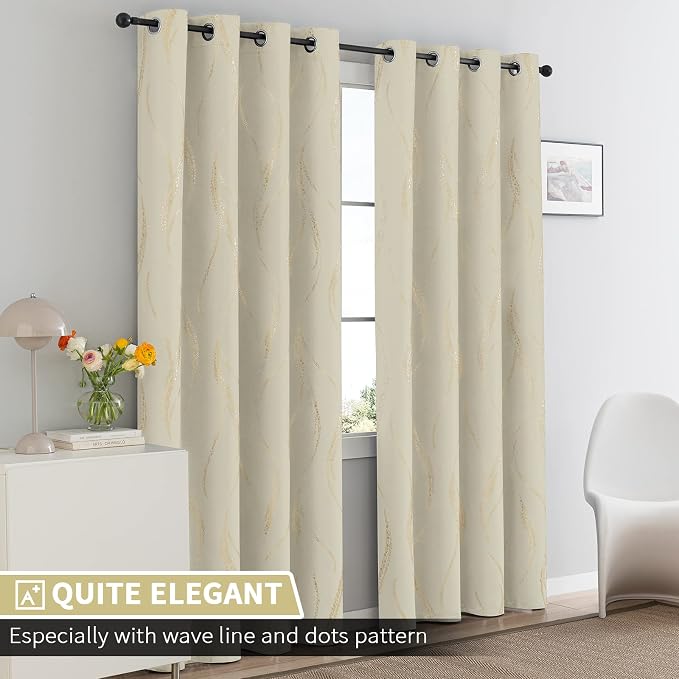Yakamok Light Blocking Curtains 84 Inches- Gold Wave Line Dots Print Grommet - Image 2