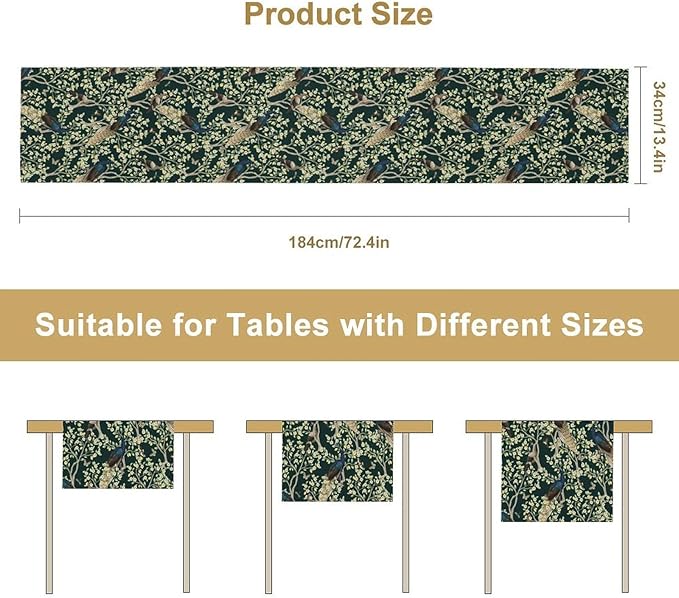 Peacock Table Runner,Retro Floral Plants Peacock Table Runner for Home Kitchen Dining Party Indoor Outdoor Decoration 13x108 Inch