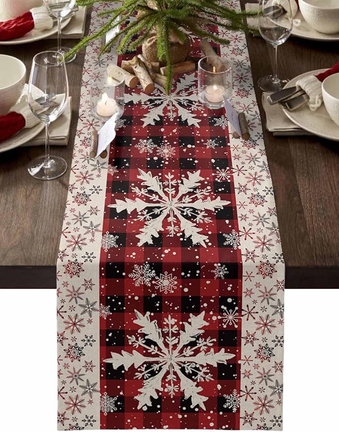 Buffalo Plaid Christmas Cotton Linen Table Runner for Dining Kitchen, Snowflake Red Black Check Wedding Outdoor Party Tablerunner Decoration, Retro Dresser Scarf Coffee Tablecloth Runners 13x60 Inches