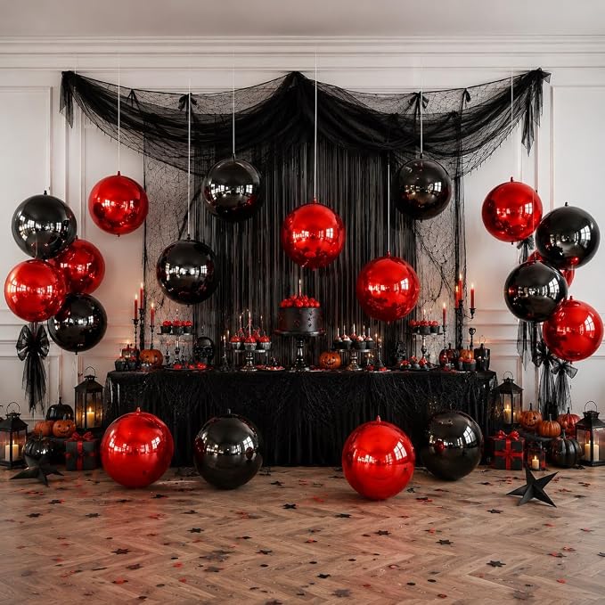 9 Pcs Black Red Round Foil Balloons Halloween Balloon | 22 In Black Metallic - Image 4