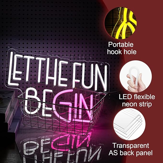 Let The Fun Begin Neon Sign USB Powered White Pink Fun Light Up Sign for Wall Decor Dimmable Led Letters Neon Light for Birthday Wedding Halloween Christmas Party Home Decor (15.8 * 11.8In)