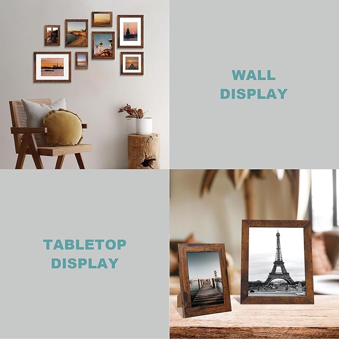 8.5x11 Picture Frame Set of 4, High Definition Real Glass Rustic Frame, Wood Photo Frames 8.5 by 11 Diploma Document for Wall Hanging and Tabletop Display