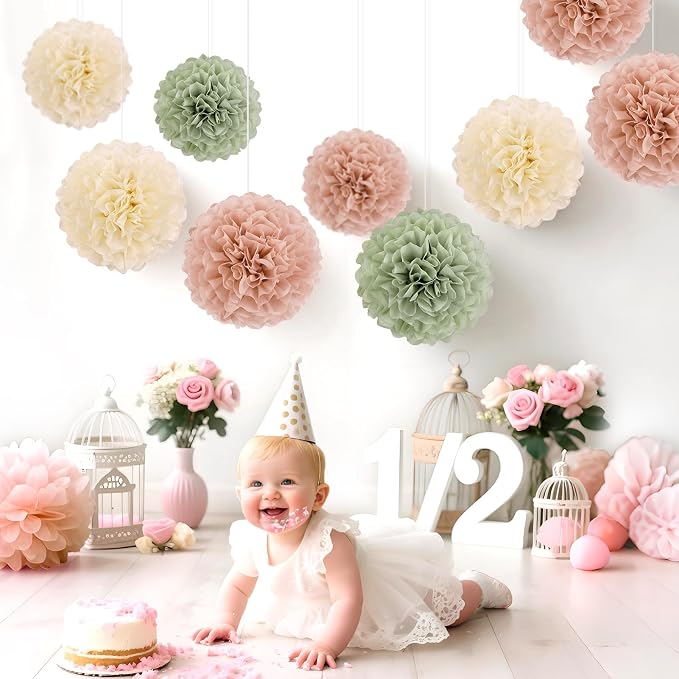 EASY JOY Sage Green Tissue Pom Poms Paper Flowers Decorations Natural Green - Image 5