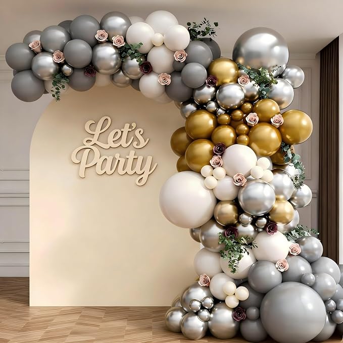 143Pcs Sand White Grey Metallic Silver Gold Balloon Garland Arch Kit | Latex - Image 5