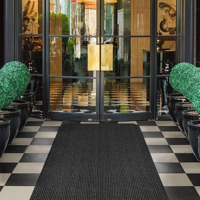 House, Home and More Indoor Outdoor Double-Ribbed Carpet Runner with Skid-Resistant Rubber Backing - Smokey Black - 3 Feet x 25 Feet