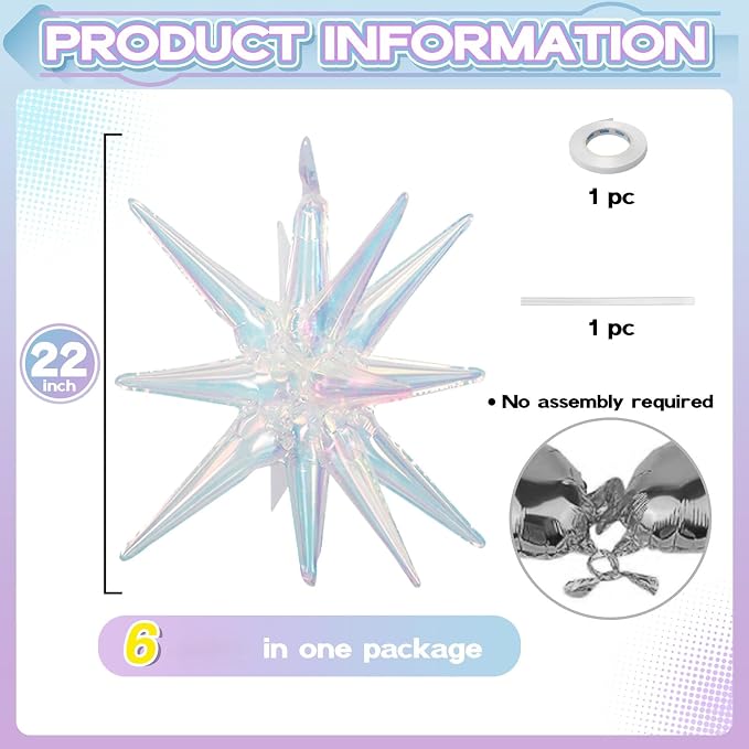 HILAVO 6PCS Iridescent Star Balloons, 22Inch Huge Iridescent Explosion Star - Image 2