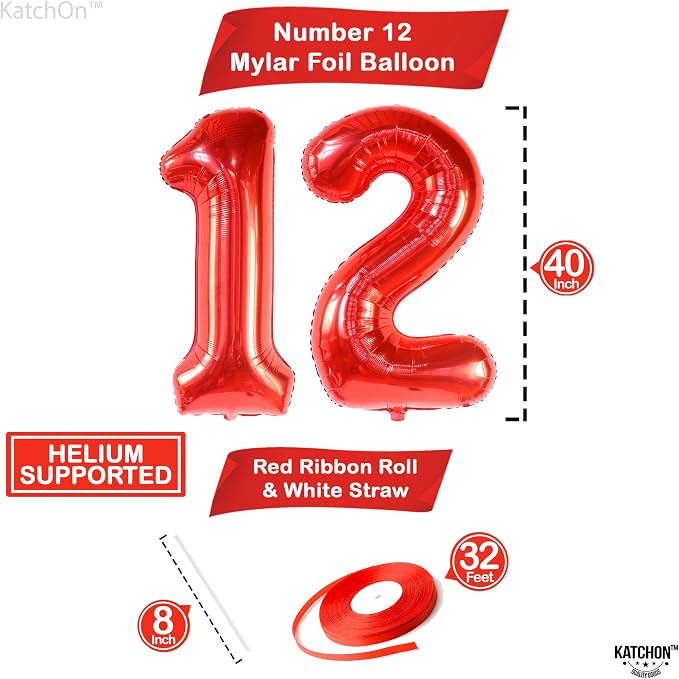 KatchOn Red Number 12 Balloon 40 Inch, 12th Birthday Balloon Decor | 12th - Image 4