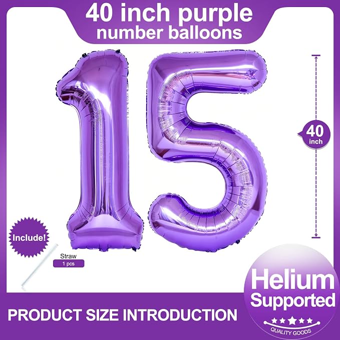 Number 15 Purple Balloons 40 Inch Giant Purple 15 Number Foil Helium Balloons - Image 2