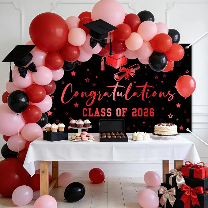 Congratulations Class of 2026 Backdrop Black Red Graduation Banner Congrats - Image 3