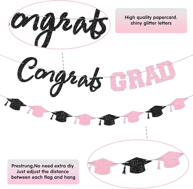Prestrung Congrats Grad Banner Pink Black Graduation Banner - Image 3