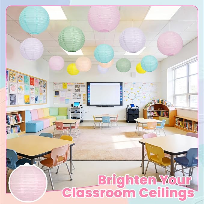 Pastel Paper Lanterns for Classroom, 12-Pc 12" Large Round Hanging Decor | - Image 6