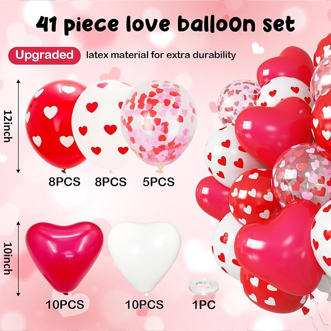 Red and White Heart Balloons, Mothers Day Balloons Heart Shaped Confetti Latex - Image 2