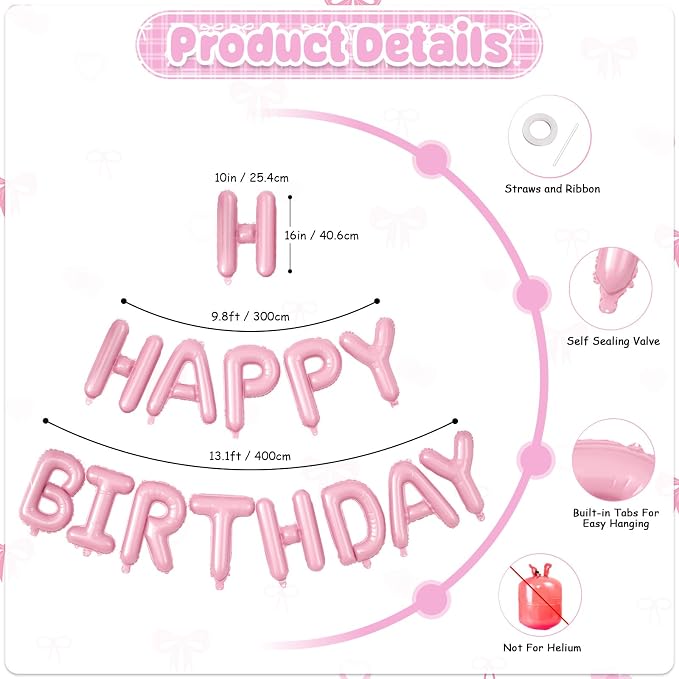 29PC Bow Happy Birthday Balloon Banner, 16Inch 3D Aluminum Letter Banner Sign - Image 3