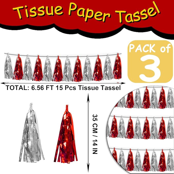 3P Red Silver Tassel Banner Garland Metallic Foil Fringe Banner Tinsel Tassels - Image 2