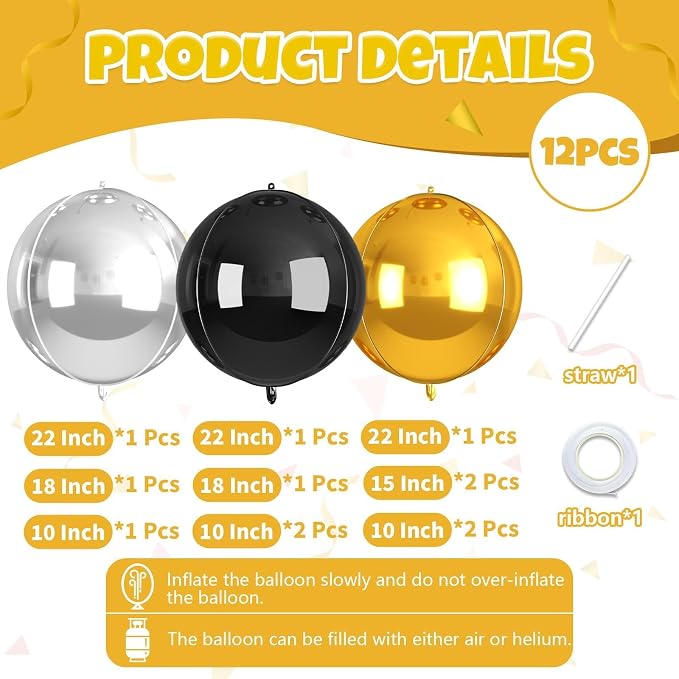 12Pcs Black and Gold Round Balloons Foil, Giant Gold Black Silver Metallic - Image 2