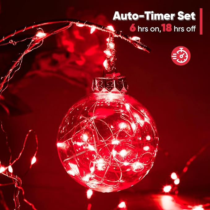 1 Pack 65.6 Ft. Battery Operated Outdoor String Lights with Remote & Timer, LED Red Fairy Lights, Waterproof Twinkle Lights for Bedroom, Dorm, Mason Jar, Wedding, Party, Christmas