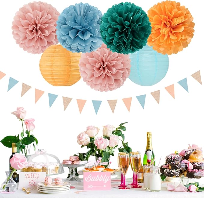Dusty-Blue Orange Teal Party-Decorations Paper-Flowers - Image 3