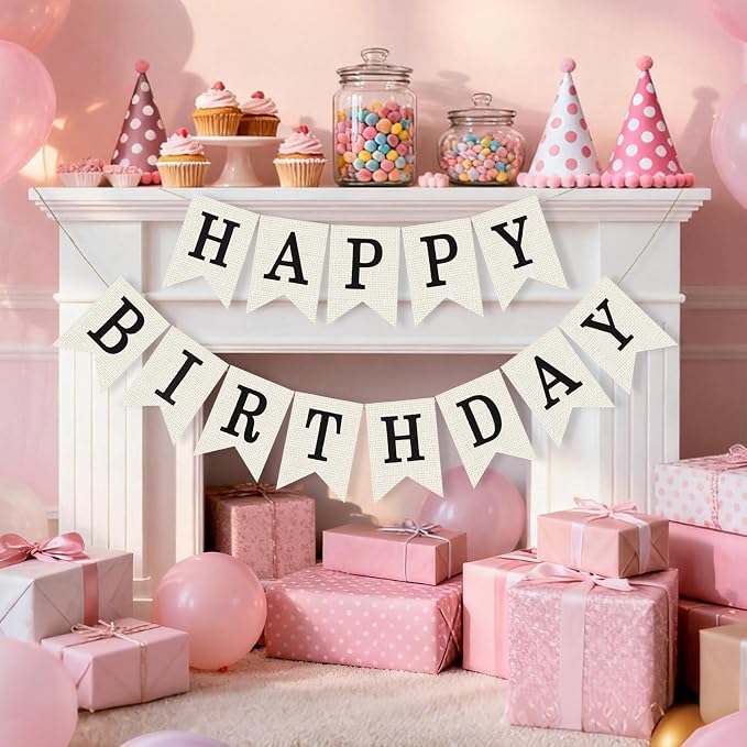 White Burlap Happy Birthday Banner Sign Birthday Garland Wall Door Hanging - Image 3