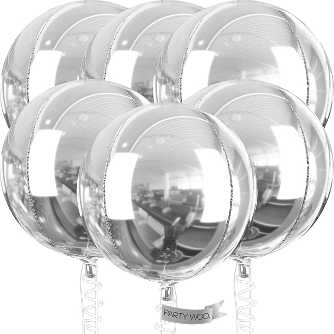 PartyWoo Metallic Silver Large Round Giant Foil 4D Balloons 6pcs 32 Inch | 32 by PartyWoo