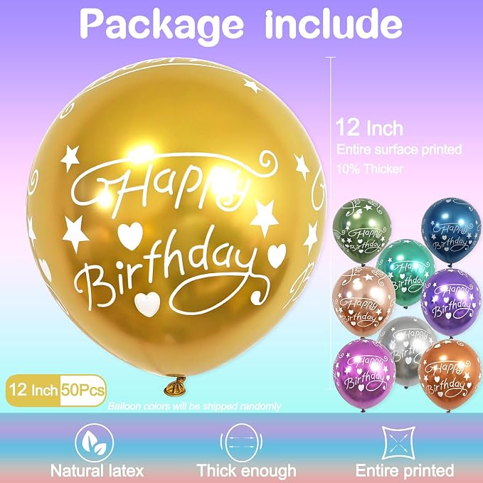 50 Pcs 12 Inch Printed "HAPPY BIRTHDAY" Multicolor Metallic Latex Balloons - Image 2