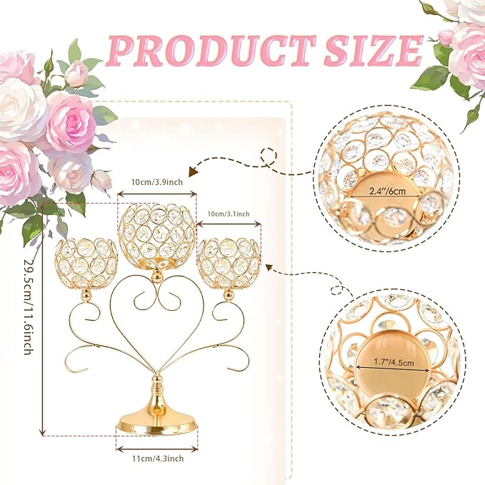 6 Pcs Gold 3-Arm Heart Tea Light Candle Holder - Crystal & Metal Wedding Centerpiece Decor, Sparkling Table Decor for Anniversaries/Romantic Tabletop Home/Dinner Party/Events