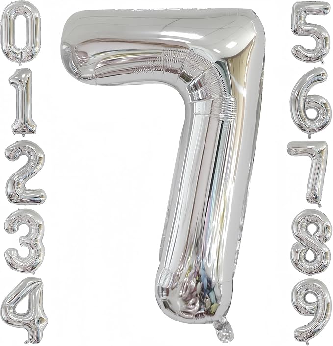 Silver 7 Balloon, 40 Inch Number 7 Balloon, 7 Birthday Balloon Decorations by BBPOOL