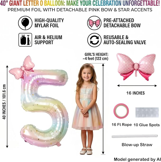 40" Giant Pastel Rainbow Number 15 Balloon Foil Pink Bow Decor Kit | - Image 2