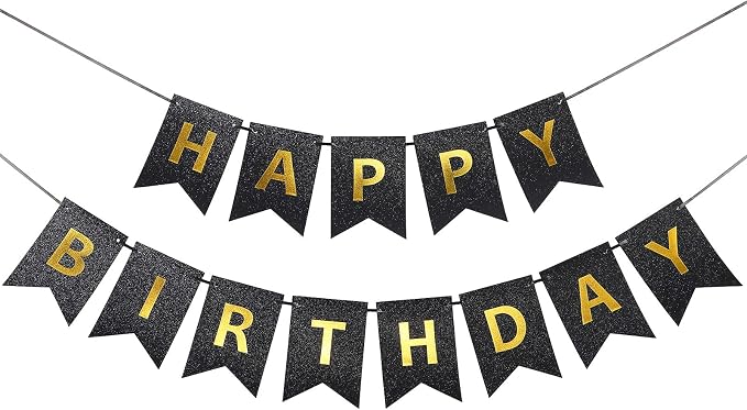 Clabby Glitter Black Happy Birthday Banner by Clabby
