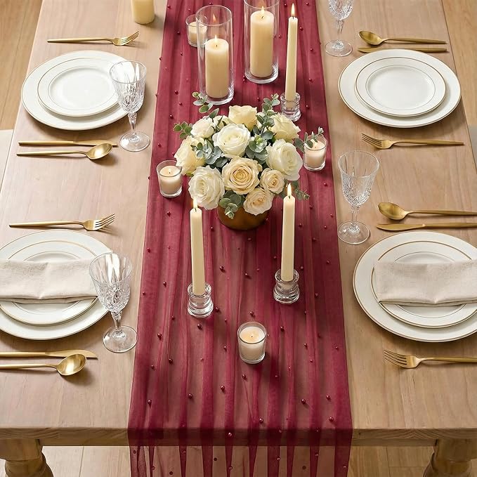 Artoid Mode 6PCS Pearl Burgundy Gauze Table Runner 120 Inch 10FT, Seasonal - Image 3