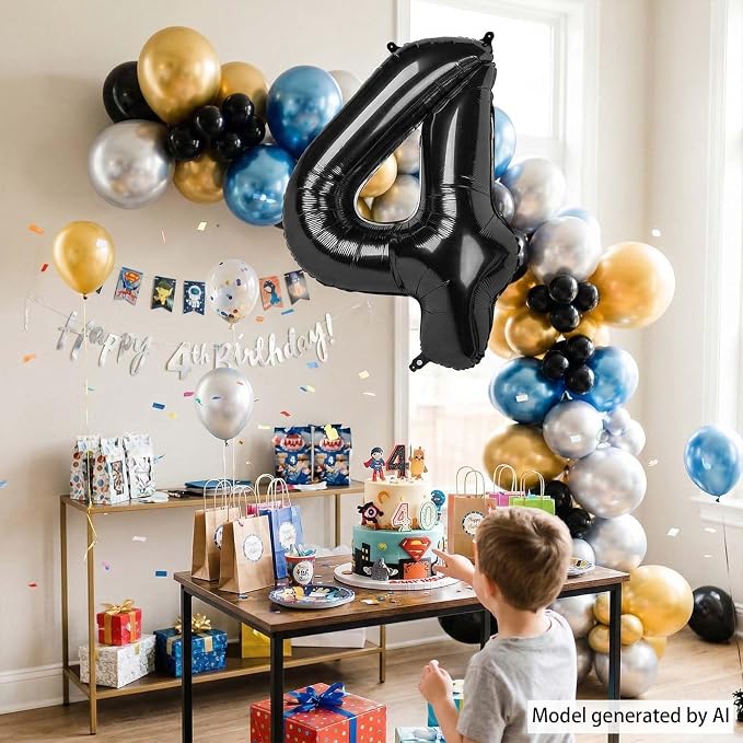 Black Number 4 Balloon 40 Inch, Sharp Metallic Foil Digit Party Supplies | - Image 3
