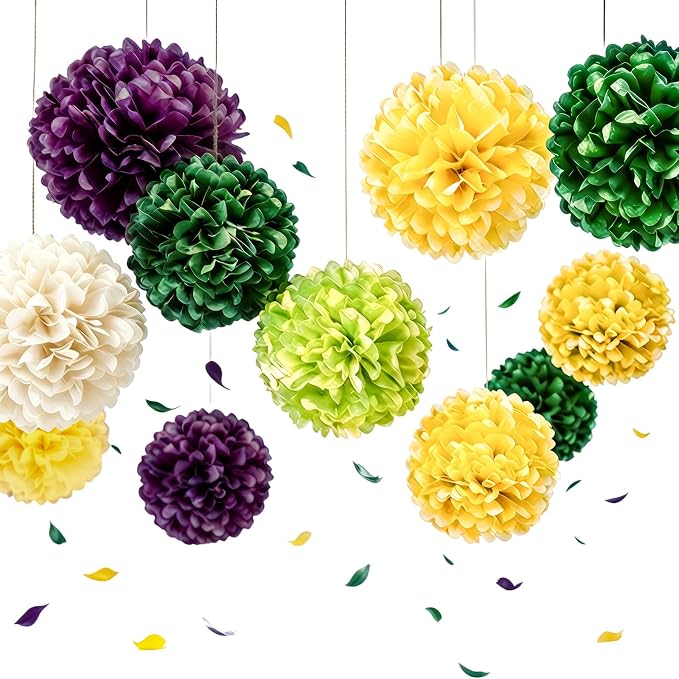 AimtoHome Mardi Gras Tissue Paper Pom Poms, Cyan Purple Green Yellow Cream by AimtoHome