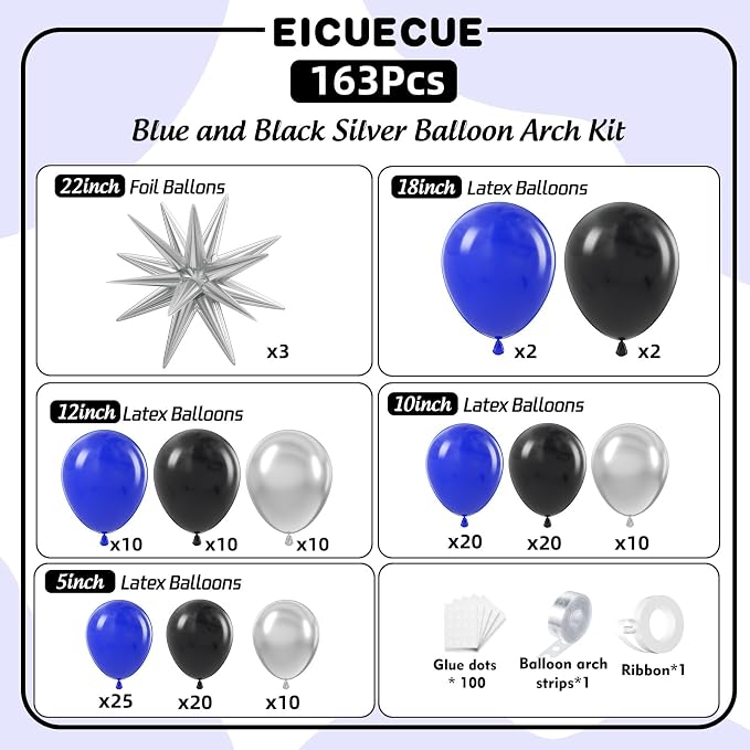 Royal Blue and Black Balloons Arch Kit -Navy Blue Balloons Metallic Sliver - Image 2