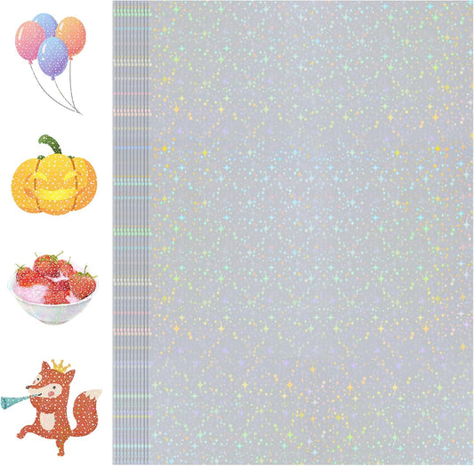 24 Sheets Holographic Sticker Paper Transparent Holographic Laminate Sheets Self Adhesive Glitter Film Laminating Sheets Clear Waterproof Vinyl Overlay for DIY Crafts, 8.5 x 11 inch Star Pattern