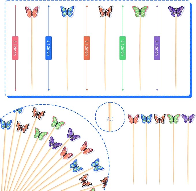 100Pcs Butterfly Cocktail Picks 5 Color Pattern Butterflies Decor | 5" - Image 3