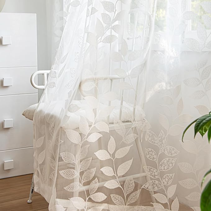 Treatmentex White Lace Sheer Curtains 63inch Vintage Leaf Knitted Window - Image 6