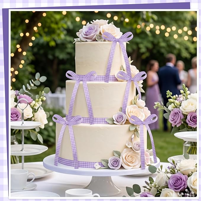 30 Pack Bow Cake Toppers Purple Gingham Ribbon Bows - Image 3
