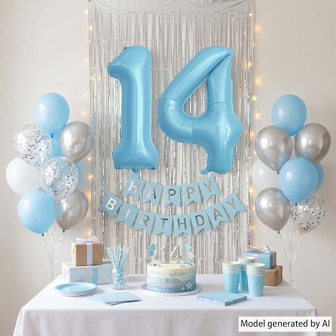 Pearlescent Blue Number 14 Balloon 40 Inch, Large Light Blue Foil 14th Birthday - Image 6